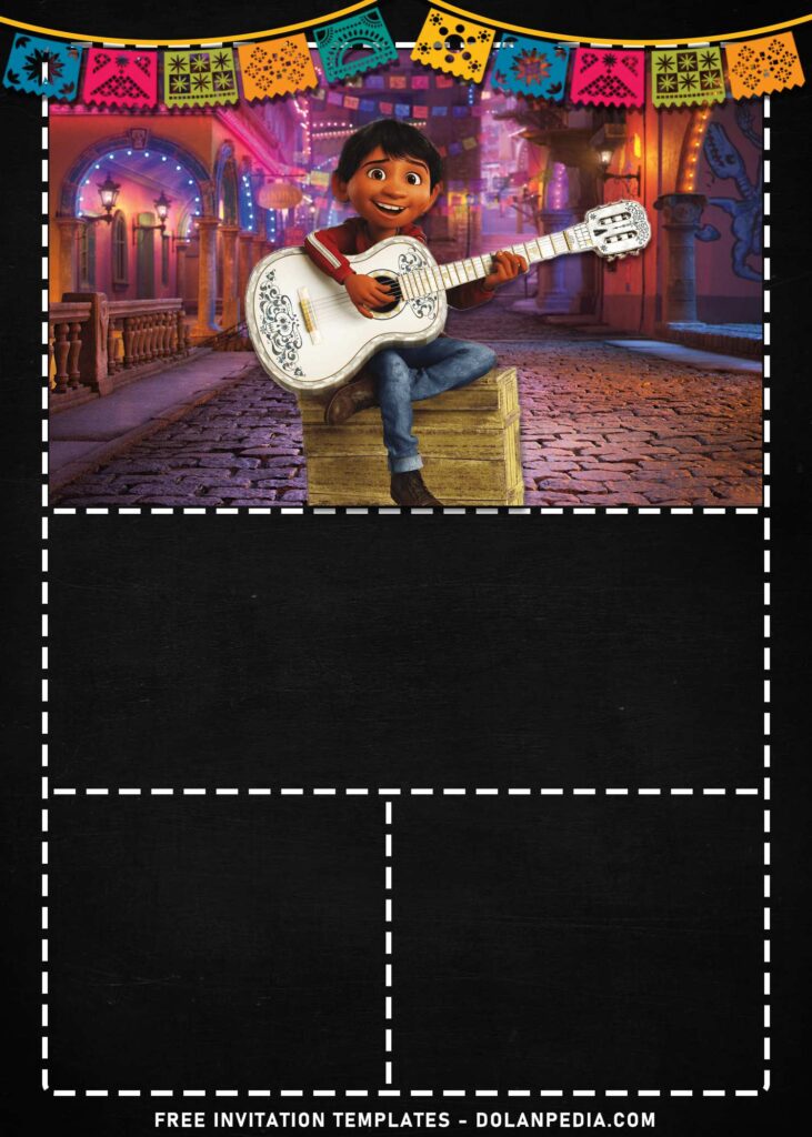 8+ Cheerful Coco Cinco De Mayo Birthday Invitation Templates with Miguel is playing guitar and sitting on a Cajon