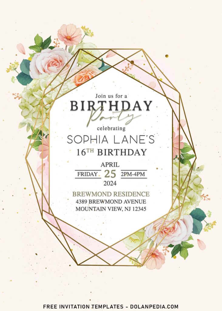 8+ Stunning Papery Blooms Geometric Frame Birthday Invitation Templates s