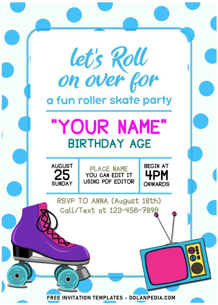 (Free Editable PDF) Retro Roller Skating Birthday Invitation Templates with cute polka dot background