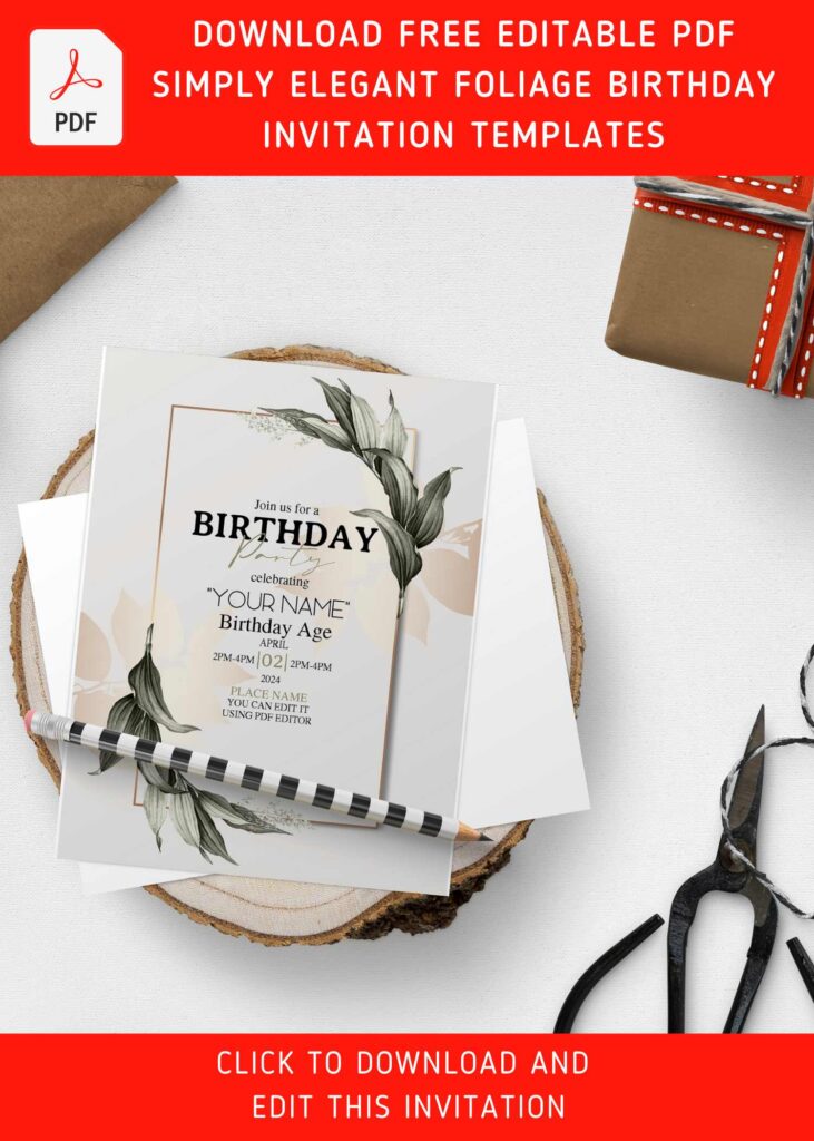 (Free Editable PDF) Enchanting Natural Greenery Birthday Invitation Templates with off white canvas paper like background