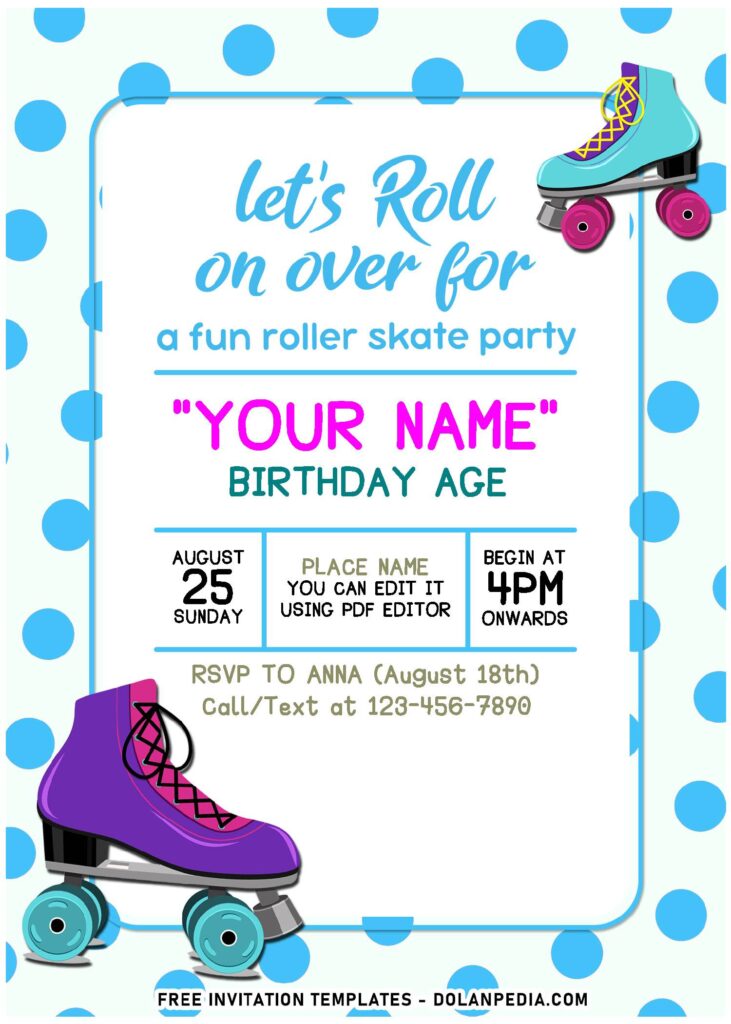 (Free Editable PDF) Retro Roller Skating Birthday Invitation Templates with cute wordings