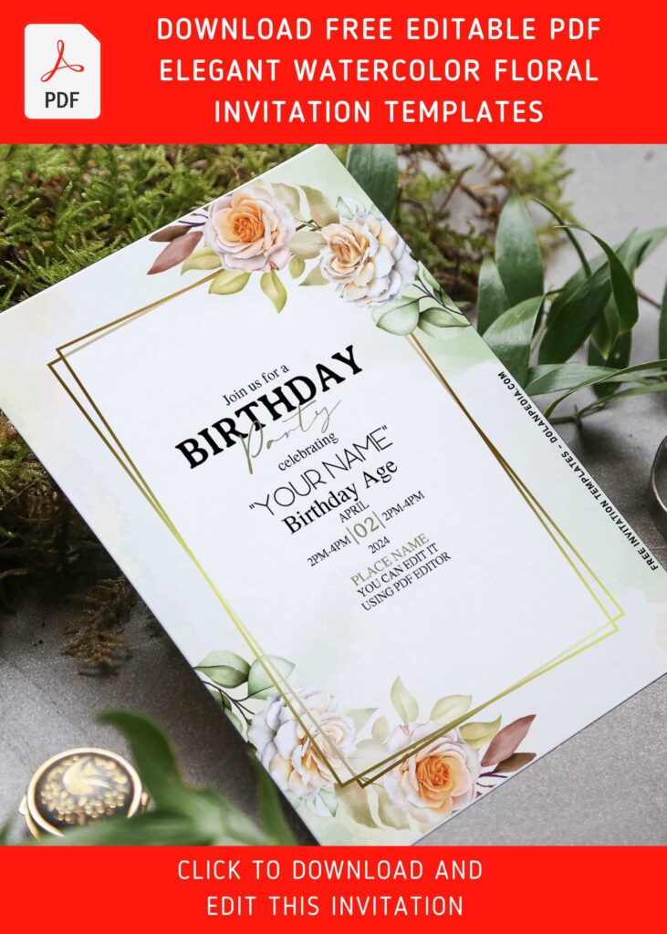 (Free Editable PDF) Painterly Beautiful Watercolor Floral Birthday Invitation Templates with watercolor foliage