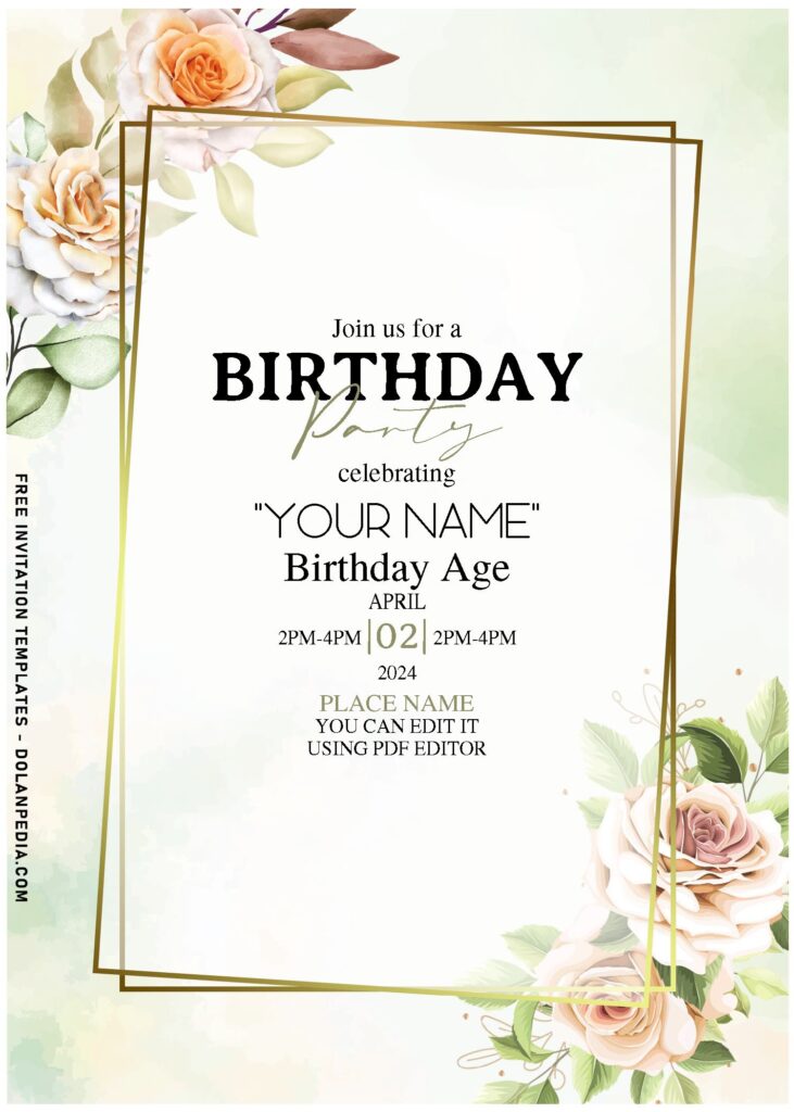 (Free Editable PDF) Painterly Beautiful Watercolor Floral Birthday Invitation Templates with gleaming metallic gold frame
