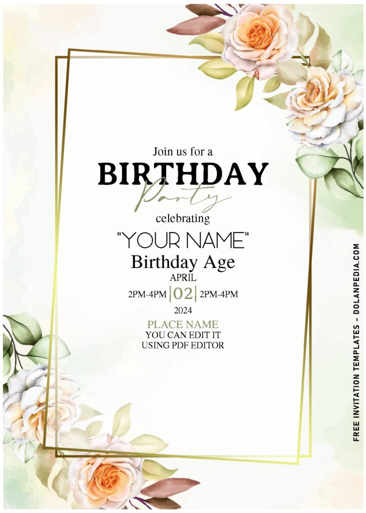 (Free Editable PDF) Painterly Beautiful Watercolor Floral Birthday Invitation Templates with rustic background