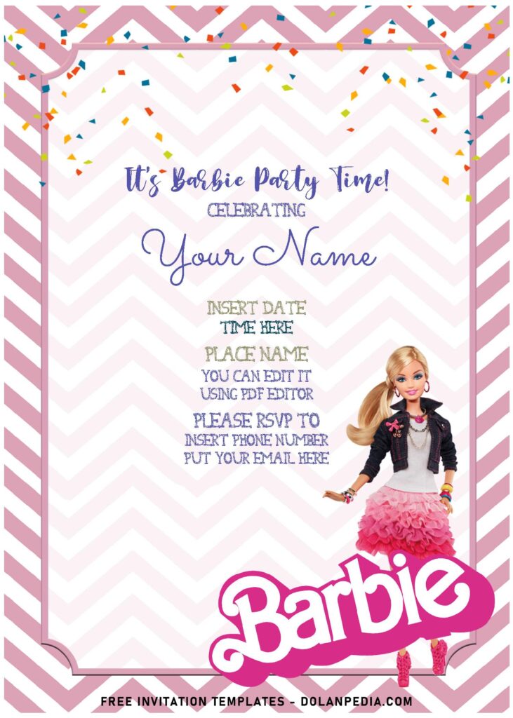 (Free Editable PDF) Cute Chevron Pink Pattern Barbie Birthday Invitation Templates with colorful confetti