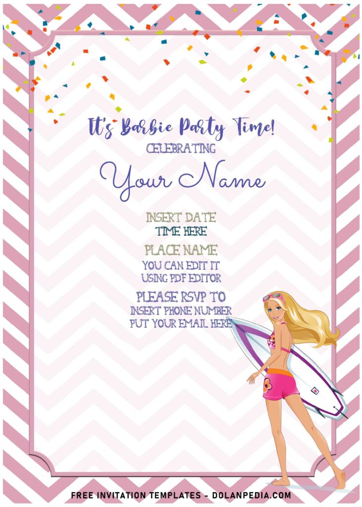 (Free Editable PDF) Cute Chevron Pink Pattern Barbie Birthday Invitation Templates with chevron pink background