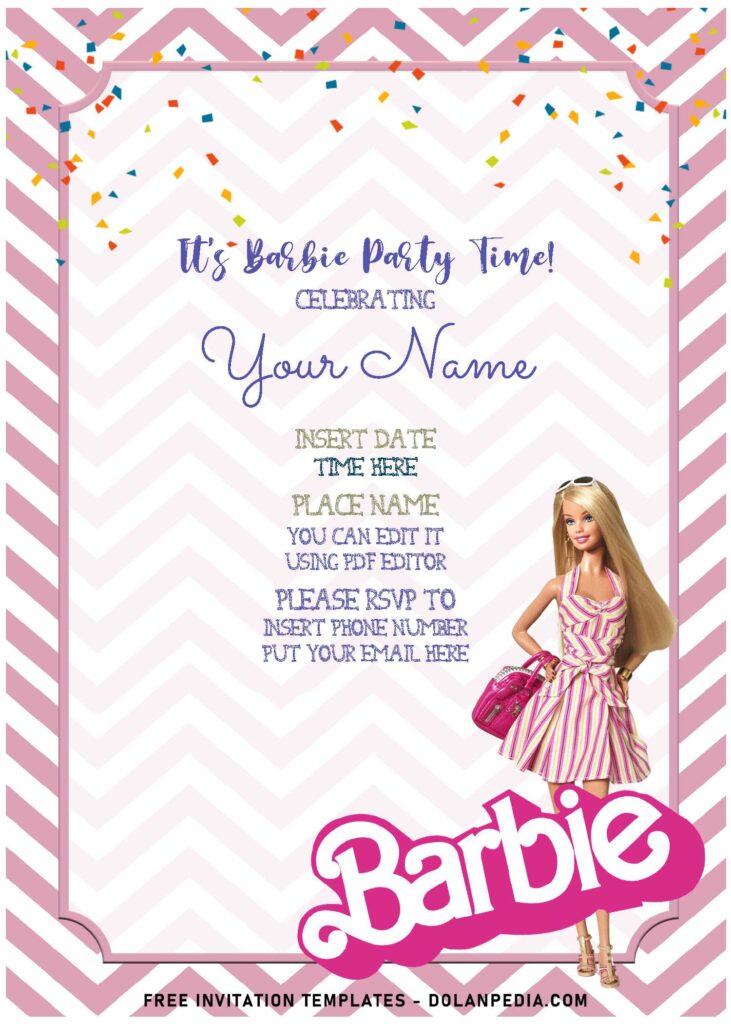 (Free Editable PDF) Cute Chevron Pink Pattern Barbie Birthday Invitation Templates
