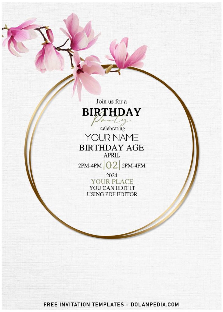 (Free Editable PDF) Painted Spring Magnolia Flower Birthday Invitation Templates