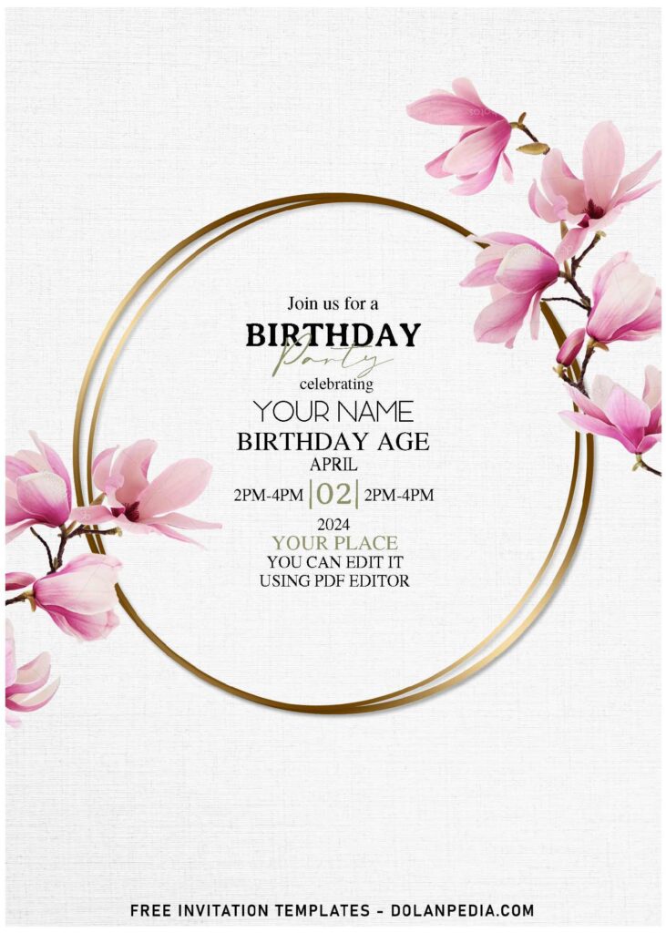 (Free Editable PDF) Painted Spring Magnolia Flower Birthday Invitation Templates with elegant text frame