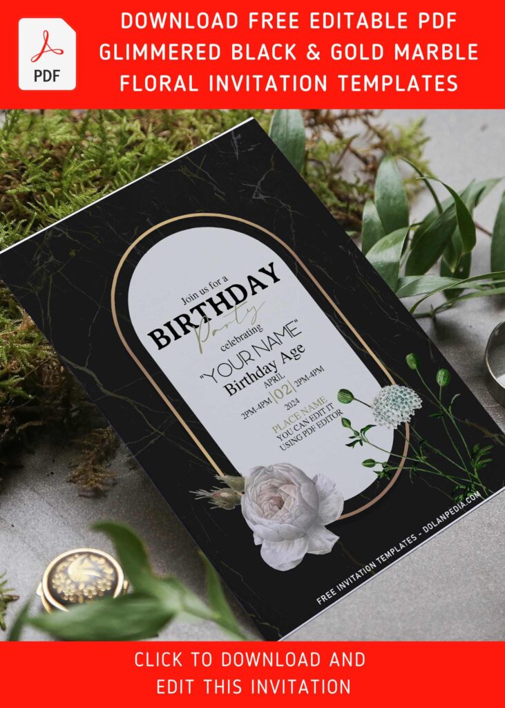 (Free Editable PDF) Elegant Gold Marquina Marble & Flower Invitation Templates with 