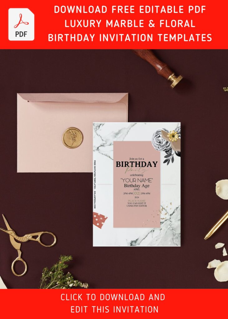 (Free Editable PDF) Breathtaking White Marble And Rose Birthday Invitation Templates with 
