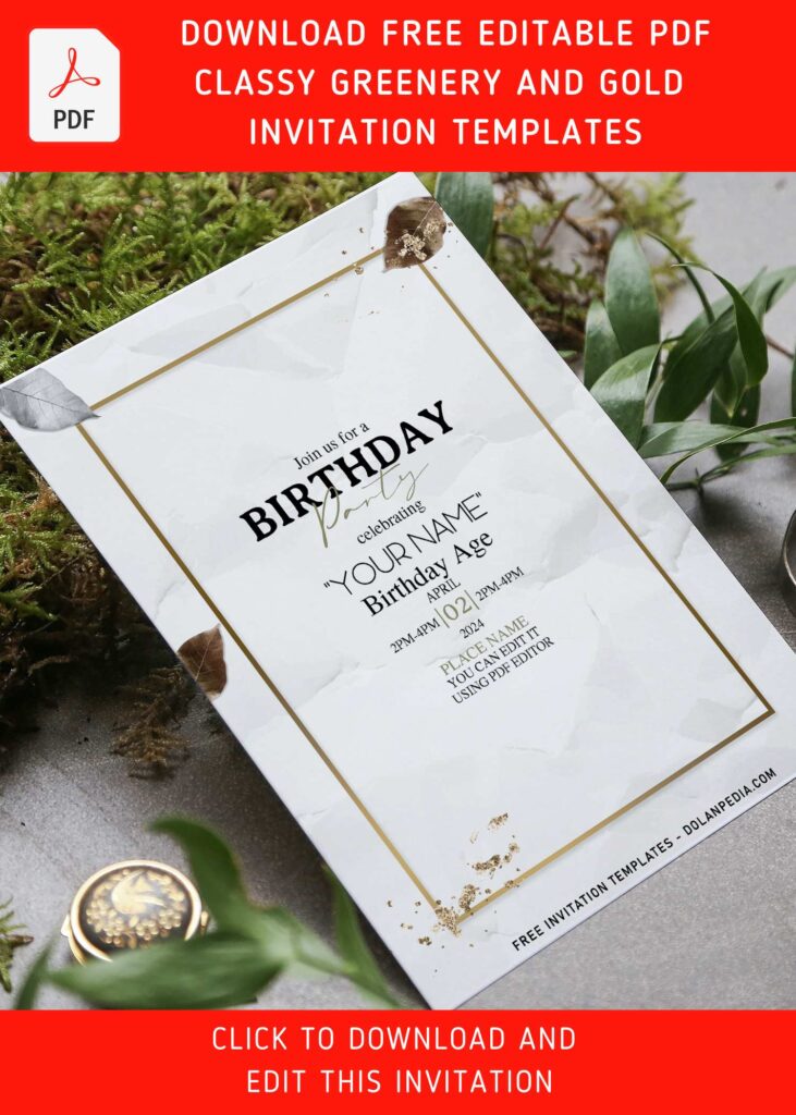(Free Editable PDF) Sparkling Glittery Greenery Charm Birthday Invitation Templates with metallic finished