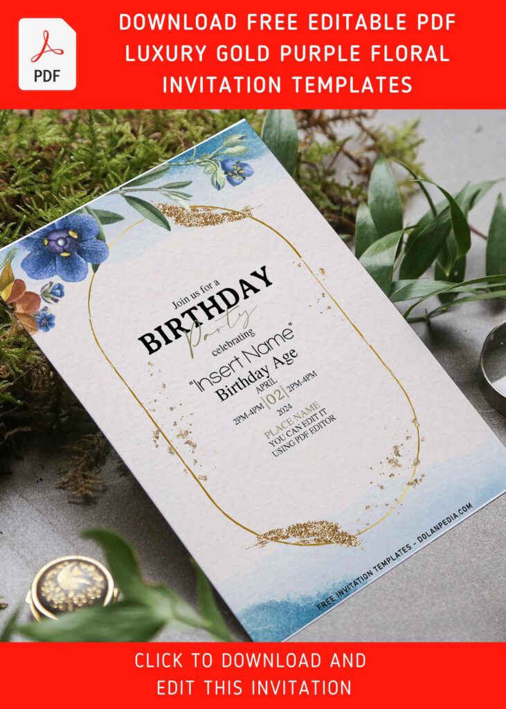 (Free Editable PDF) Gorgeous & Easy Purple Floral Birthday Invitation Templates with watercolor floral decorations