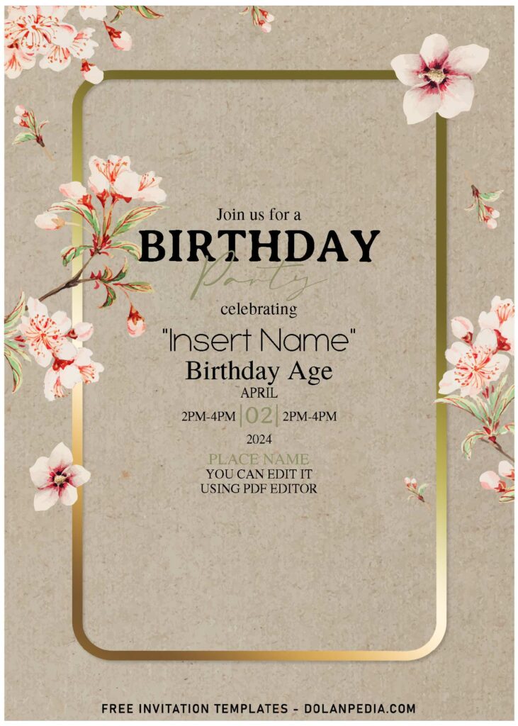 (Free Editable PDF) Rustic Watercolor Sakura Birthday Invitation Templates with cardboard like background