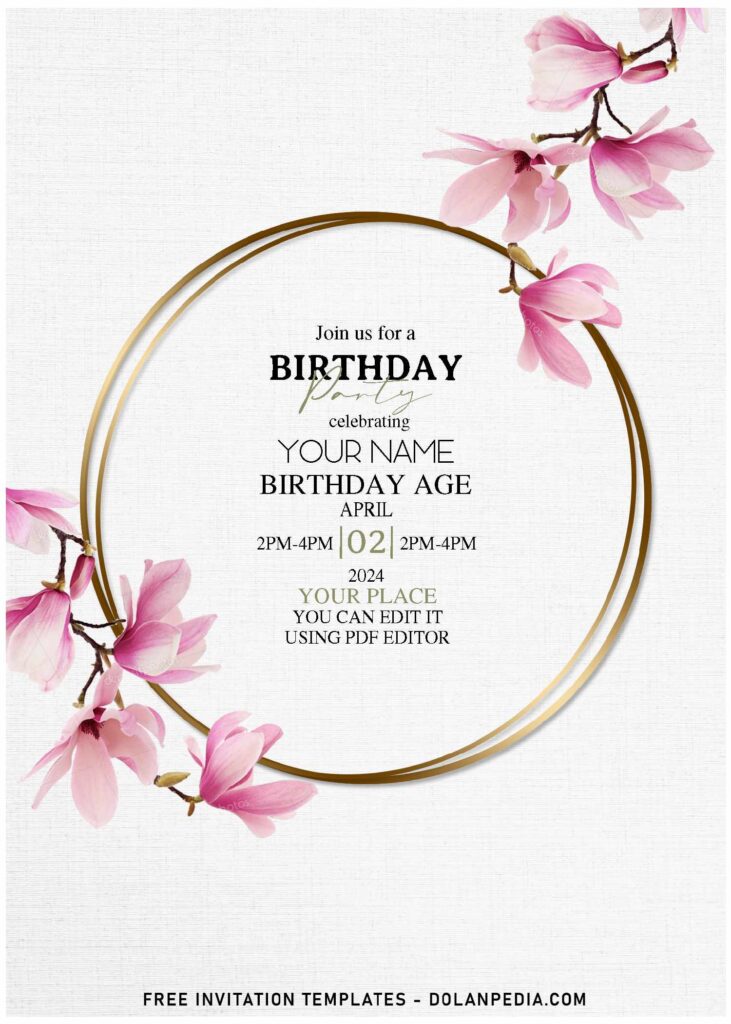 (Free Editable PDF) Painted Spring Magnolia Flower Birthday Invitation Templates with elegant script