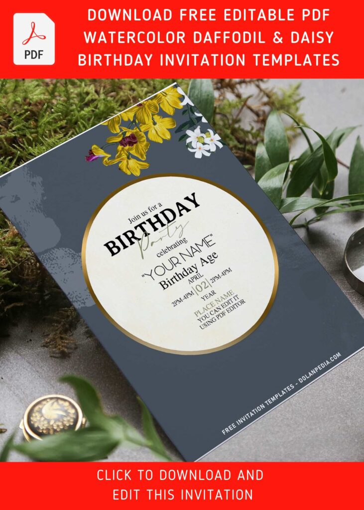 (Free Editable PDF) Watercolor Daffodil And Daisy Birthday Invitation Templates with green foliage