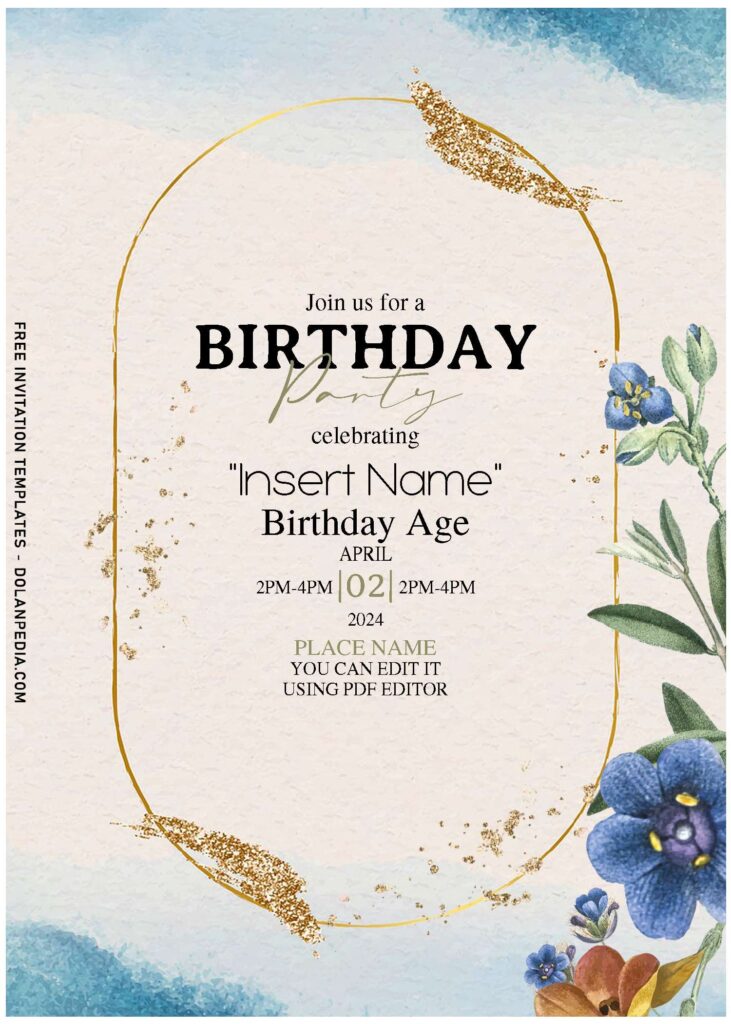 (Free Editable PDF) Gorgeous & Easy Purple Floral Birthday Invitation Templates with sparkling glitter gold brushstrokes