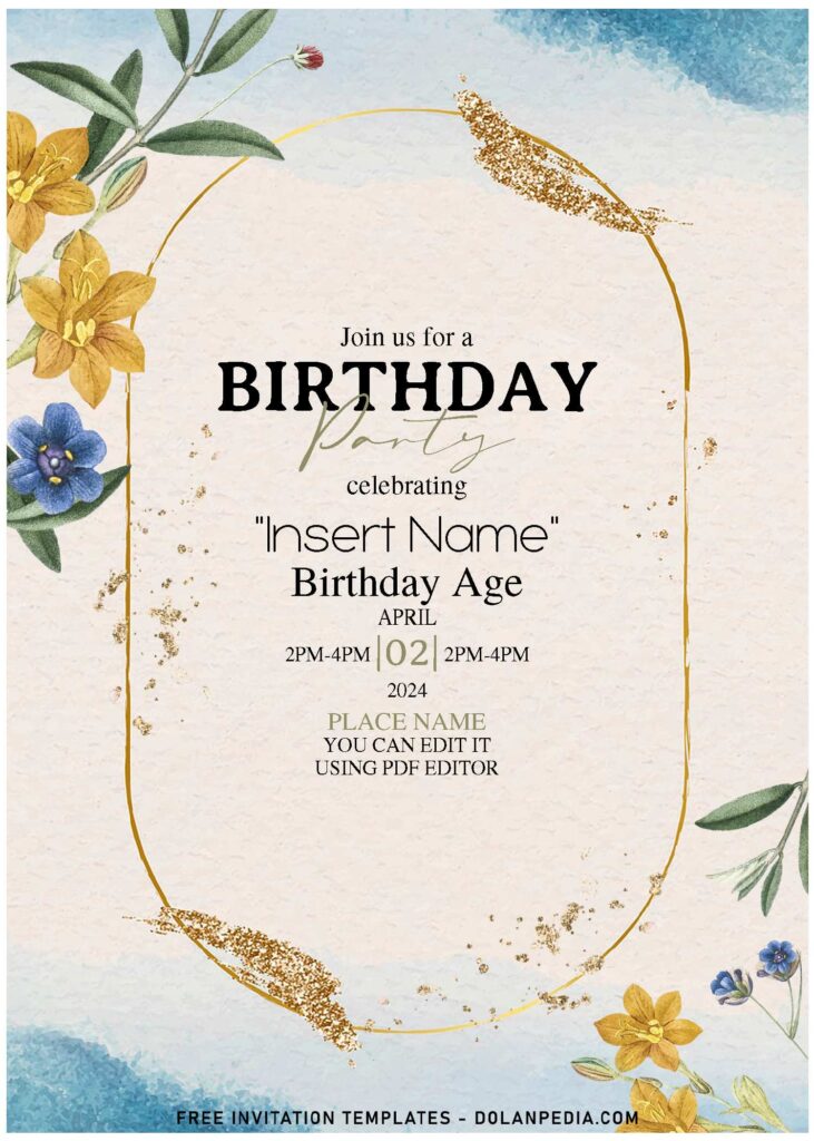 (Free Editable PDF) Gorgeous & Easy Purple Floral Birthday Invitation Templates with beautiful watercolor blue ombre background