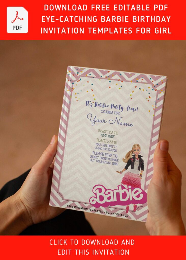 (Free Editable PDF) Cute Chevron Pink Pattern Barbie Birthday Invitation Templates with fashionable Barbie