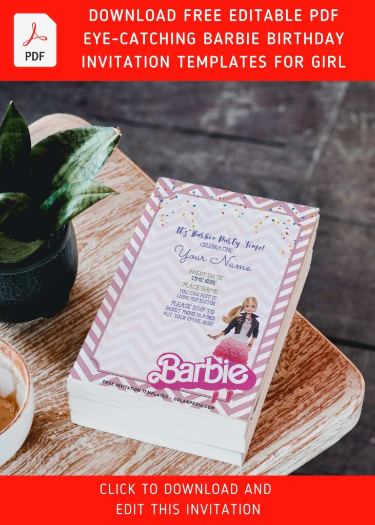 (Free Editable PDF) Cute Chevron Pink Pattern Barbie Birthday Invitation Templates with cute wording