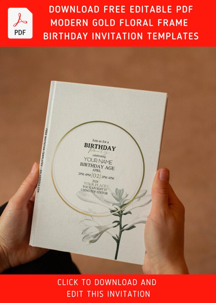 (Free Editable PDF) Modern Gold & Floral Birthday Invitation Templates with stunning gold frame