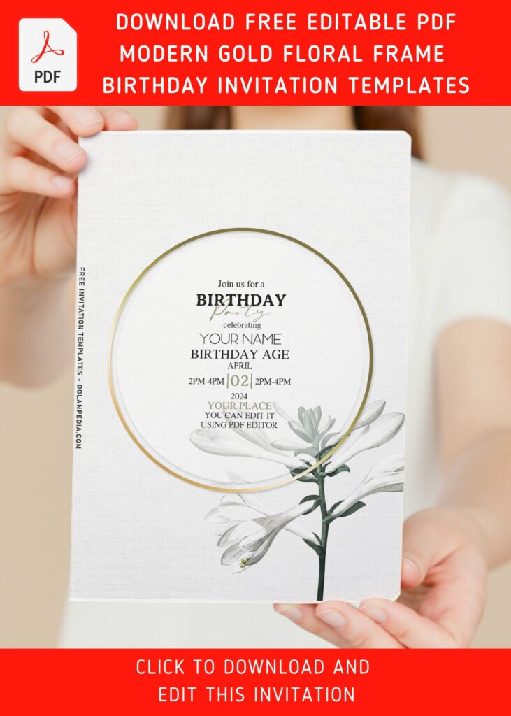 (Free Editable PDF) Modern Gold & Floral Birthday Invitation Templates with watercolor white magnolia