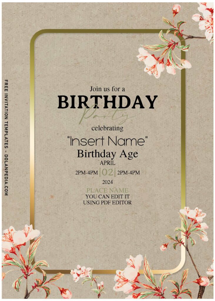 (Free Editable PDF) Rustic Watercolor Sakura Birthday Invitation Templates with rustic paper background
