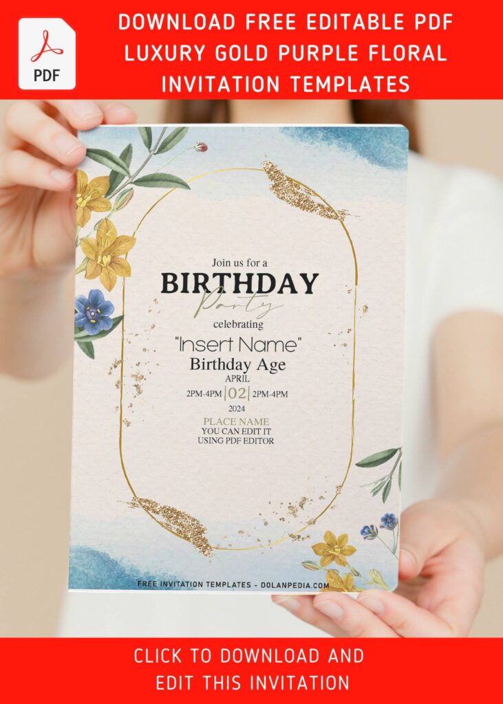 (Free Editable PDF) Gorgeous & Easy Purple Floral Birthday Invitation Templates with yellow gold periwinkle