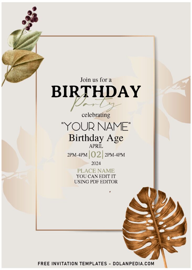(Free Editable PDF) Enchanting Natural Greenery Birthday Invitation Templates with watercolor Philodendron