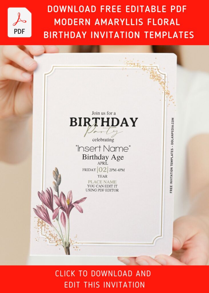 (Free Editable PDF) Greyish Amaryllis And Gold Frame Invitation Templates with sparkling gold sprinkles