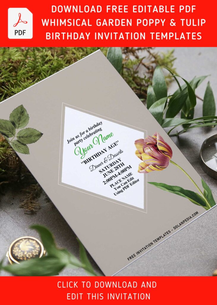 (Free Editable PDF) Whimsical Garden Poppy & Tulip Invitation Templates with enchanted tulip