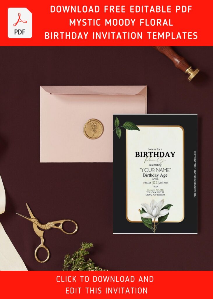 (Free Editable PDF) Elusive Moody Magnolia Floral Birthday Invitation Templates with elegant script