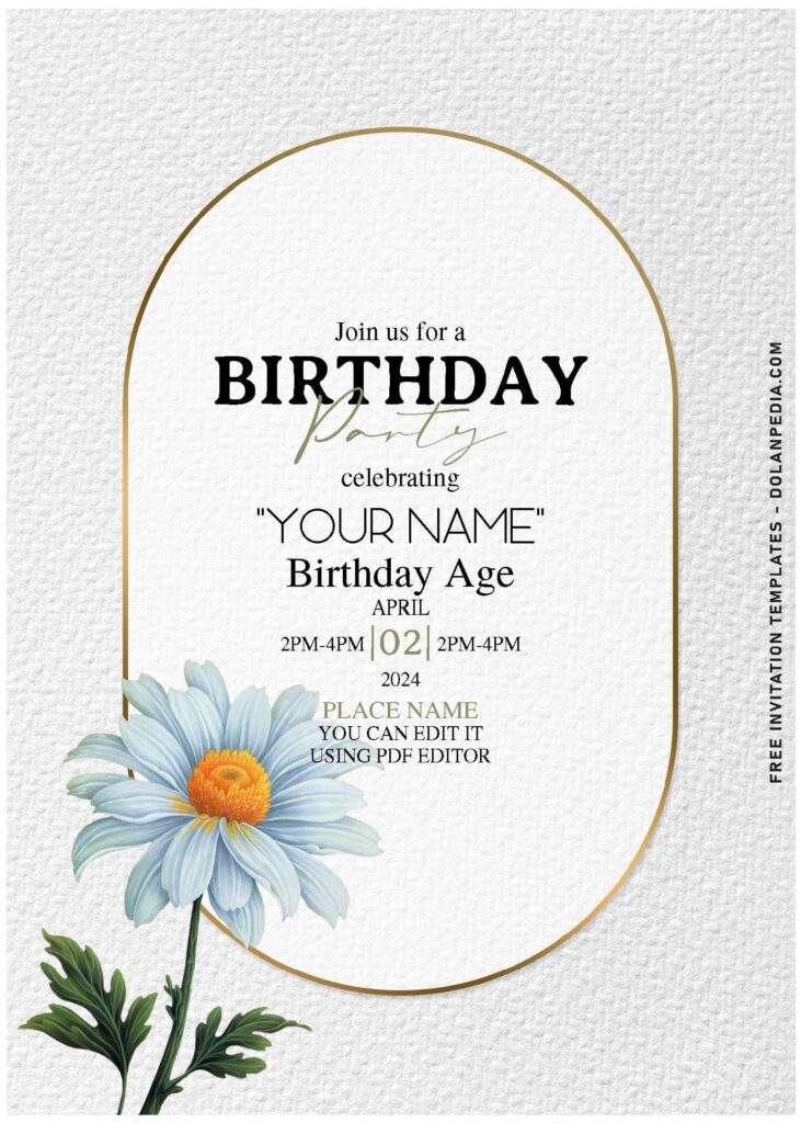 (Free Editable PDF) Spring Daisy Flower Birthday Invitation Templates with elegant script