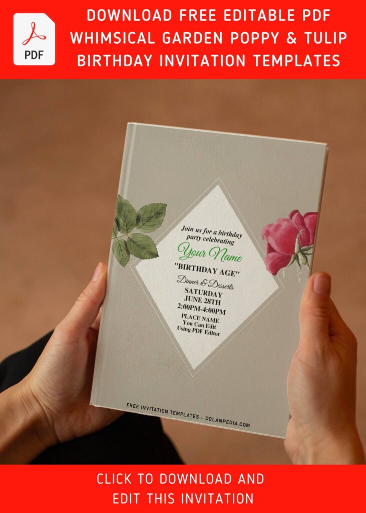 (Free Editable PDF) Whimsical Garden Poppy & Tulip Invitation Templates with green foliage