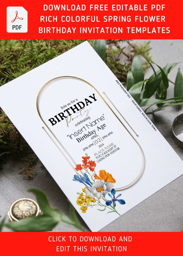 (Free Editable PDF) Rich Colorful Spring Flower Birthday Invitation Templates with clean white background