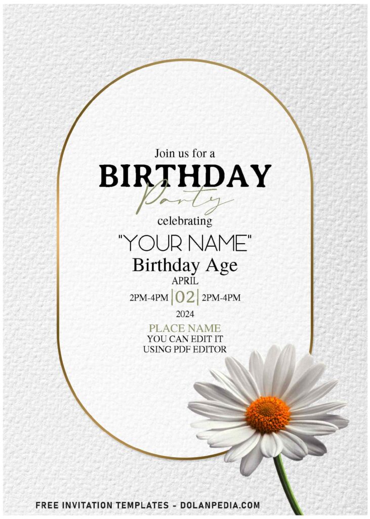 (Free Editable PDF) Spring Daisy Flower Birthday Invitation Templates with elegant gold frame