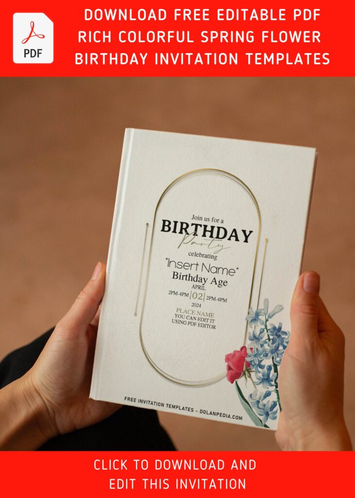(Free Editable PDF) Rich Colorful Spring Flower Birthday Invitation Templates with elegant script