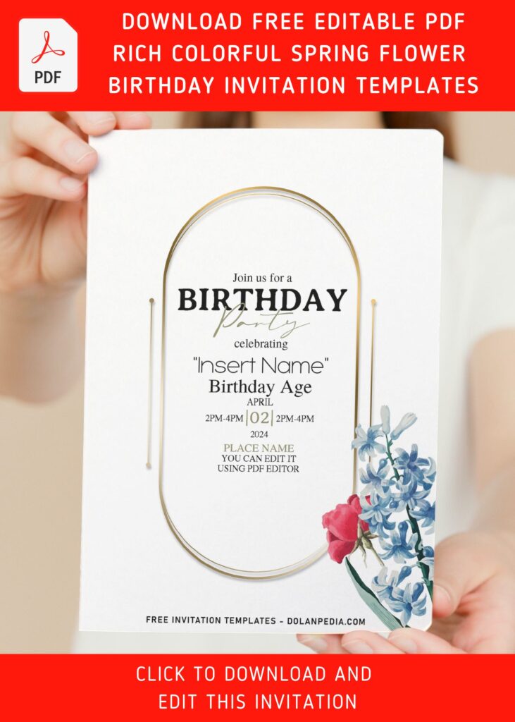 (Free Editable PDF) Rich Colorful Spring Flower Birthday Invitation Templates with stunning gold text frame
