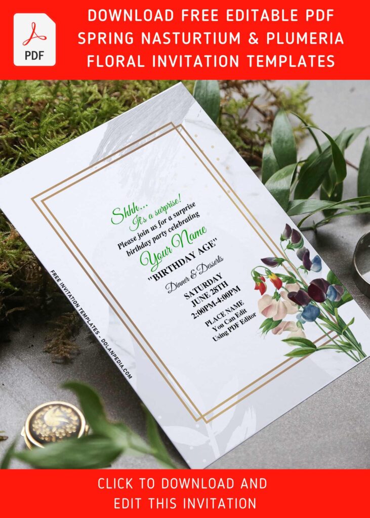 (Free Editable PDF) Spring Nasturtium & Plumeria Birthday Invitation Templates with aesthetic watercolor plumeria