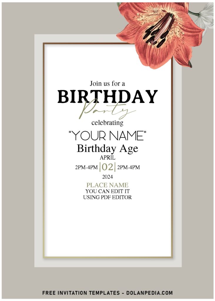 (Free Editable PDF) Elegant Tuberose & Orchid Birthday Invitation Templates with rectangle frame