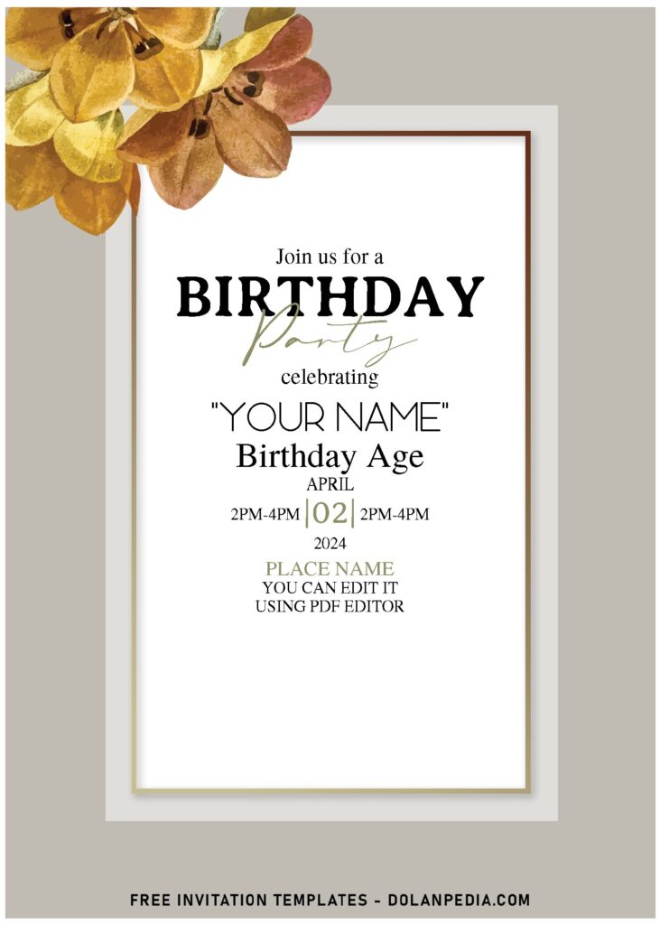 (Free Editable PDF) Elegant Tuberose & Orchid Birthday Invitation Templates with elegant script