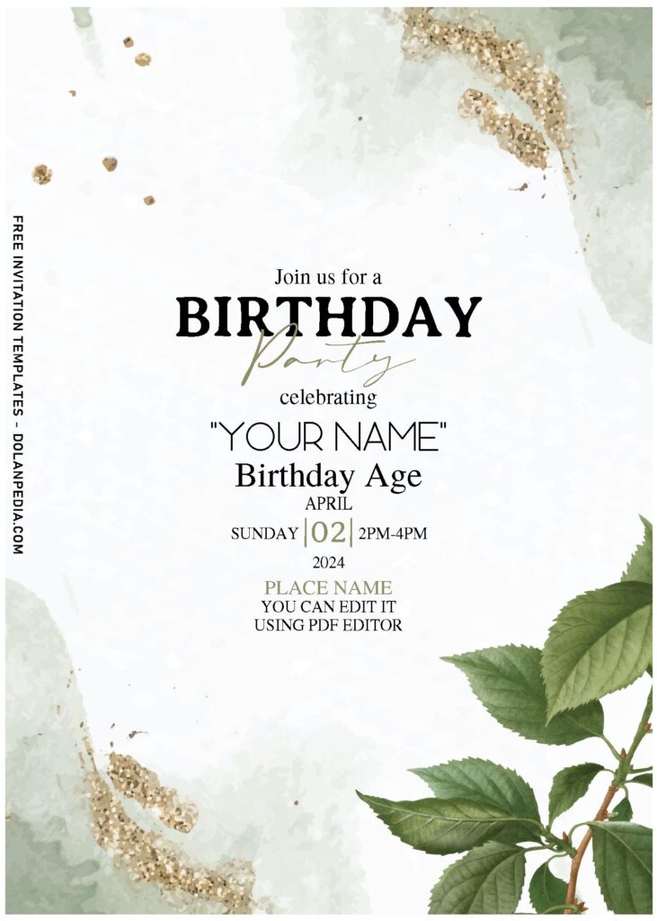 (Free Editable PDF) Stunning Gold Greenery Apricot Birthday Invitation Templates with watercolor greenery leaves