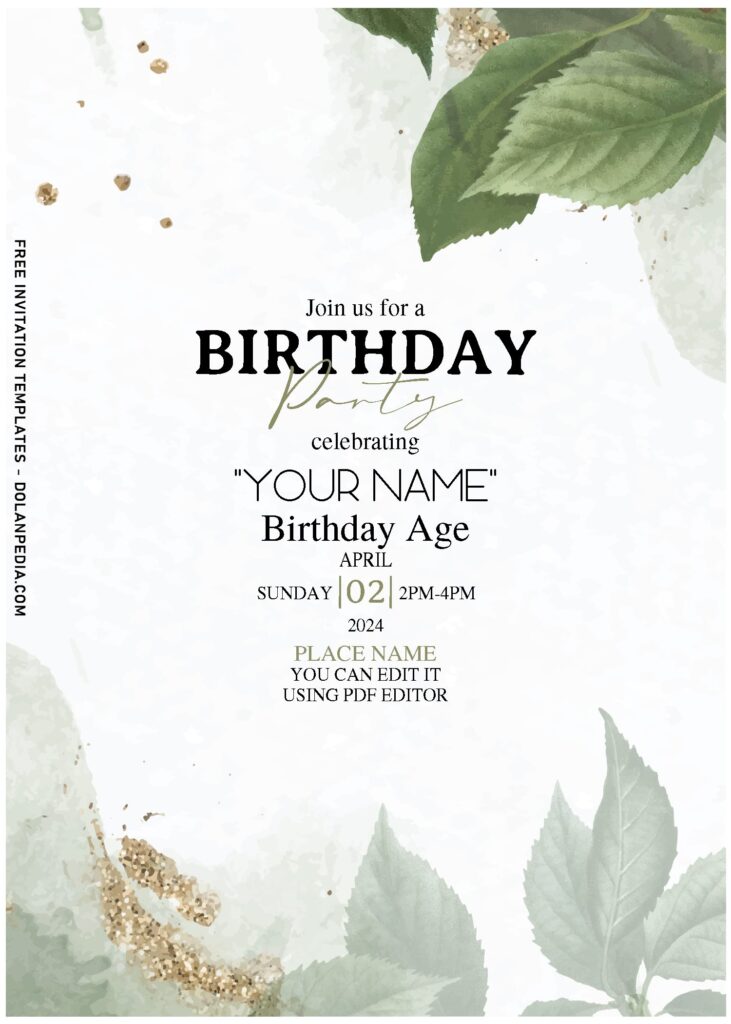 (Free Editable PDF) Stunning Gold Greenery Apricot Birthday Invitation Templates with gold sparkles