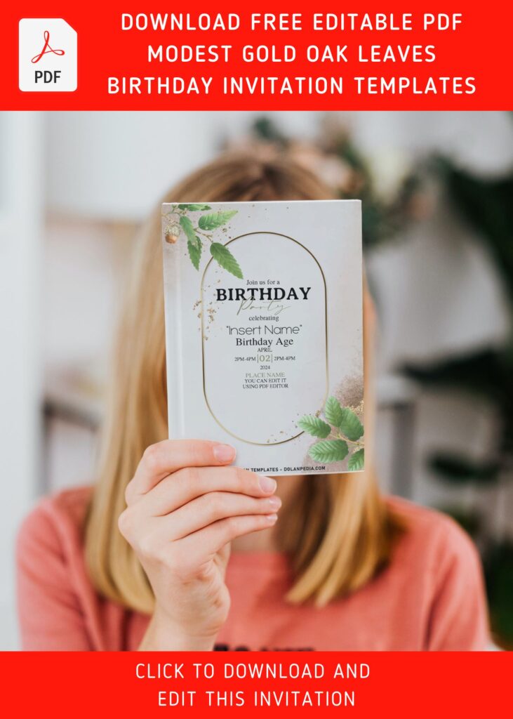 (Free Editable PDF) Sultry Gold & Greenery Apricot Birthday Invitation Templates with portrait orientation design