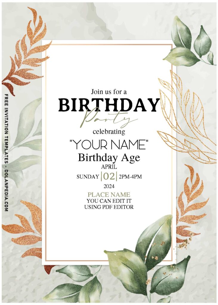 (Free Editable PDF) Sparkly Gold Rustic Greenery Birthday Invitation Templates with gold leaves