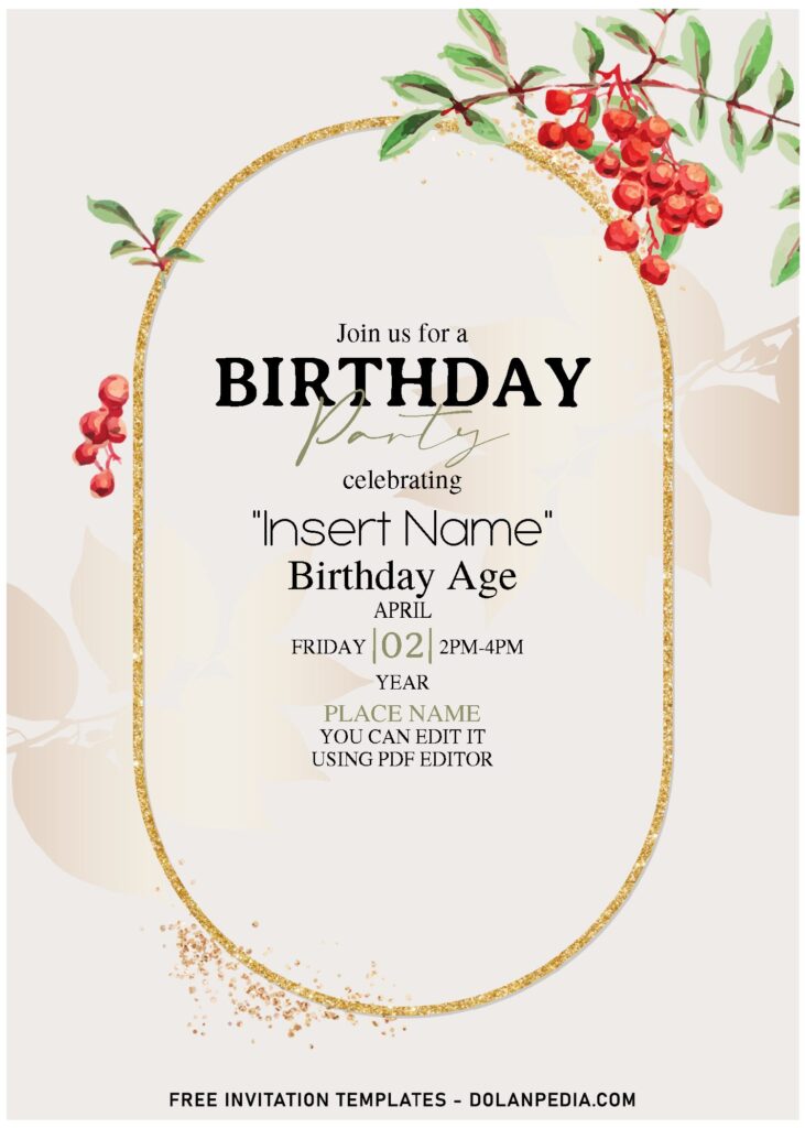 (Free Editable PDF) Classy Gold French Coralberry Invitation Templates with greenery silhouettes