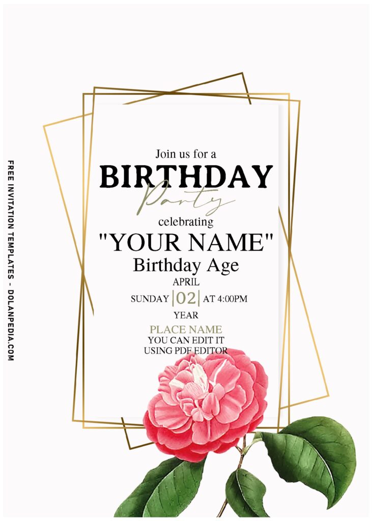 (Free Editable PDF) Celestial Pink Camellia Buds Birthday Invitation Templates with elegant gold geometric frame