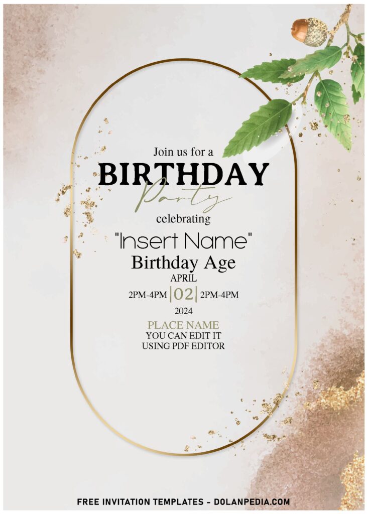 (Free Editable PDF) Sultry Gold & Greenery Apricot Birthday Invitation Templates with chic watercolor and gold background