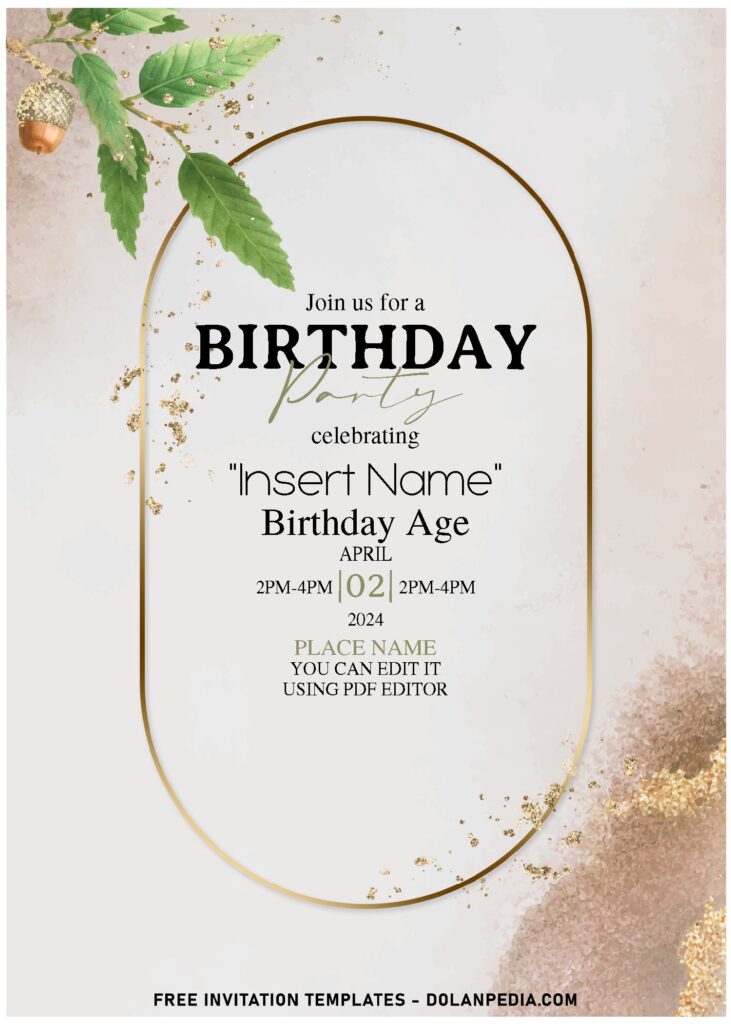 (Free Editable PDF) Sultry Gold & Greenery Apricot Birthday Invitation Templates with elegant script
