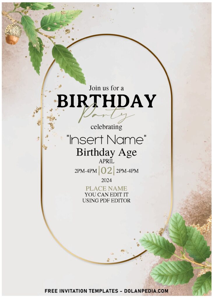 (Free Editable PDF) Sultry Gold & Greenery Apricot Birthday Invitation Templates with stunning gold frame
